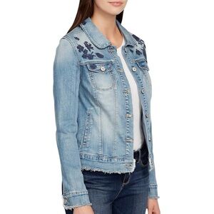 Vintage America Light Blue Denim Jacket with Navy Floral Embroidery